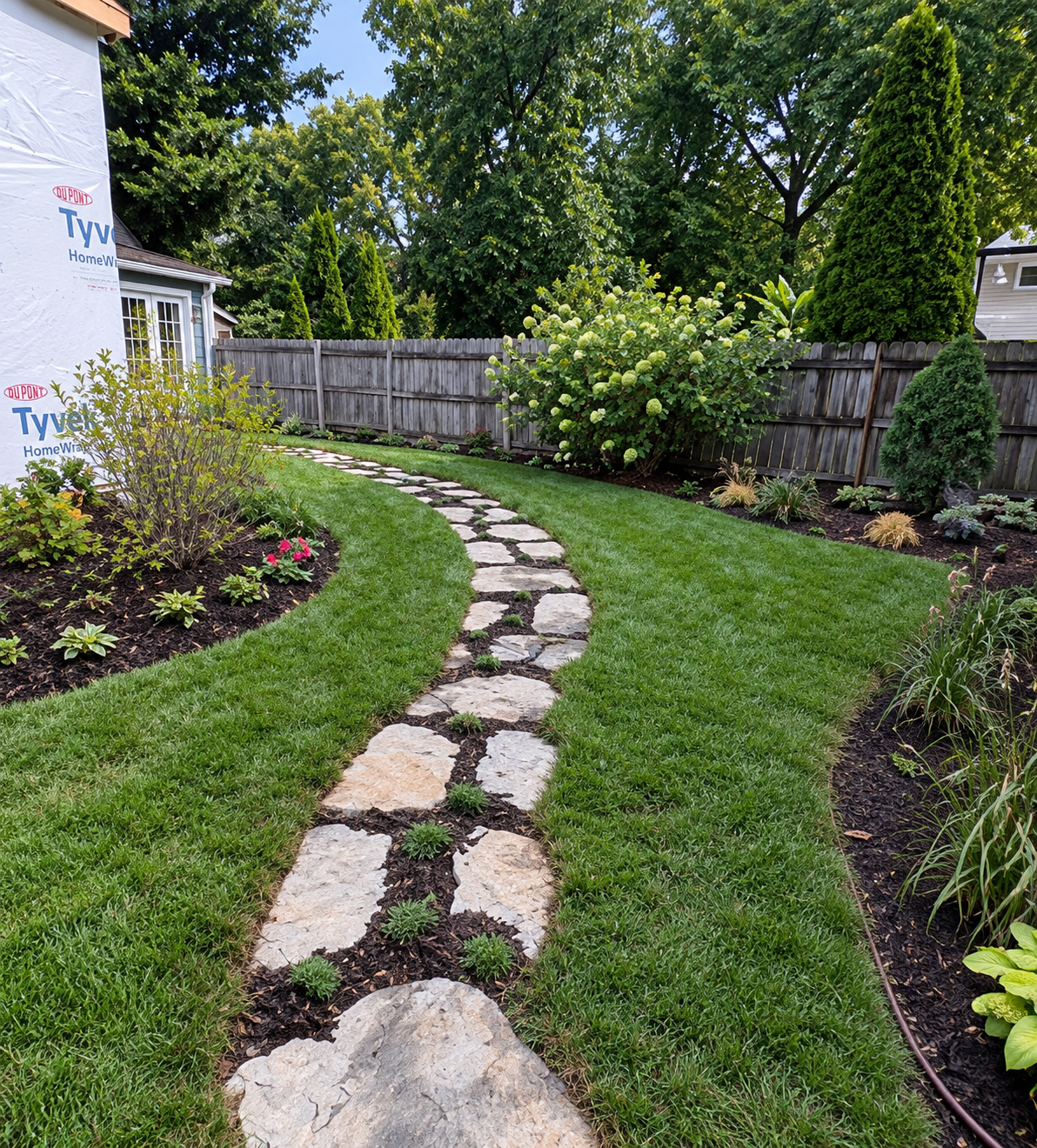 Flagstone garden path winding between lawn and planted beds