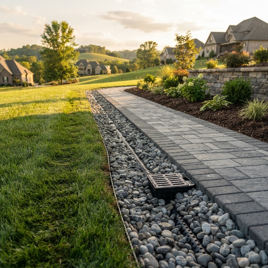 French drain installed along a lawn and paver walkway