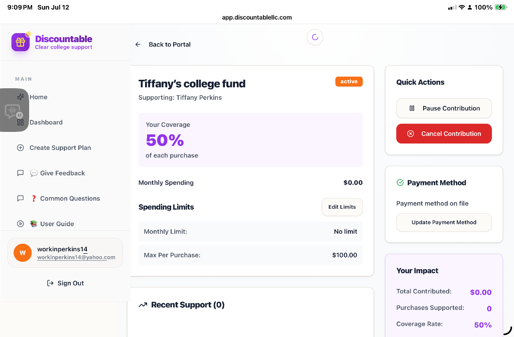 A real Discountable support plan showing 50% coverage, spending limits, and payment method on file