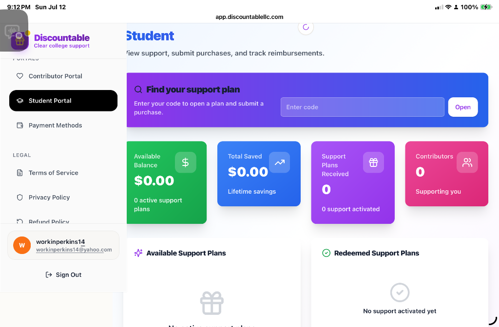 Student portal showing available support, savings, and active support plans