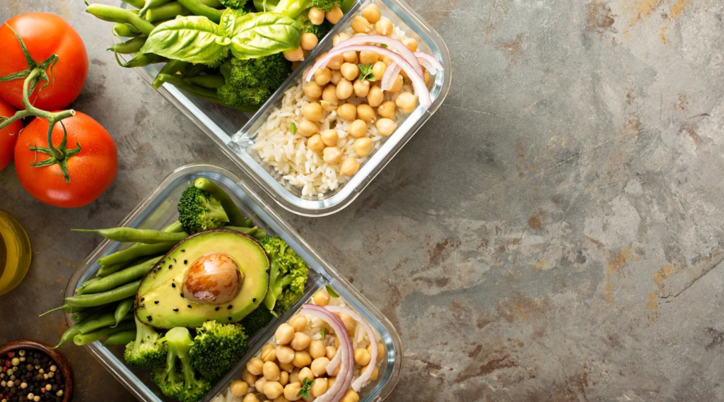 Healthy prepared meals in glass containers