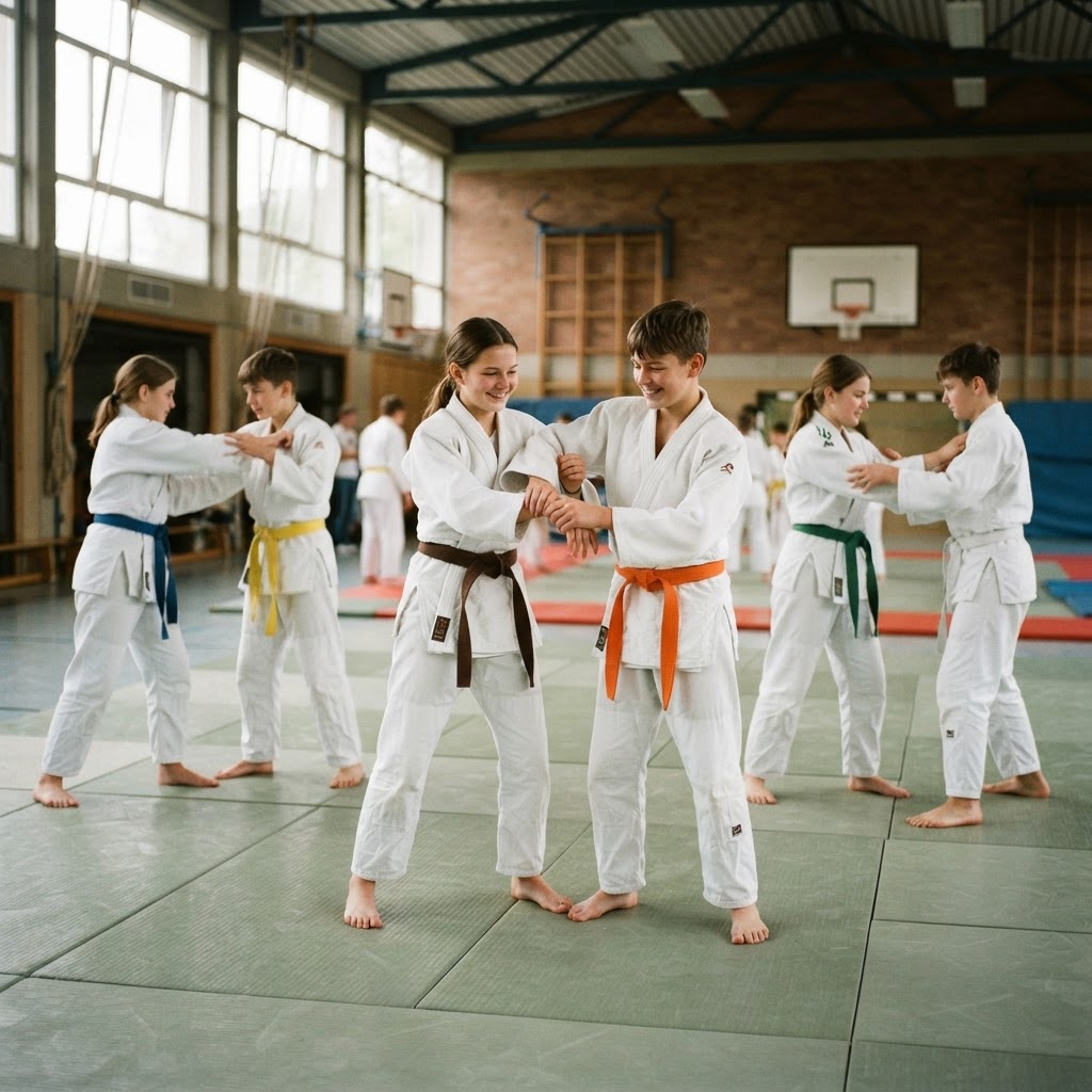 Jugendliche im Ju-Jutsu-Anzug üben in der Sporthalle Partnertechniken auf der Matte