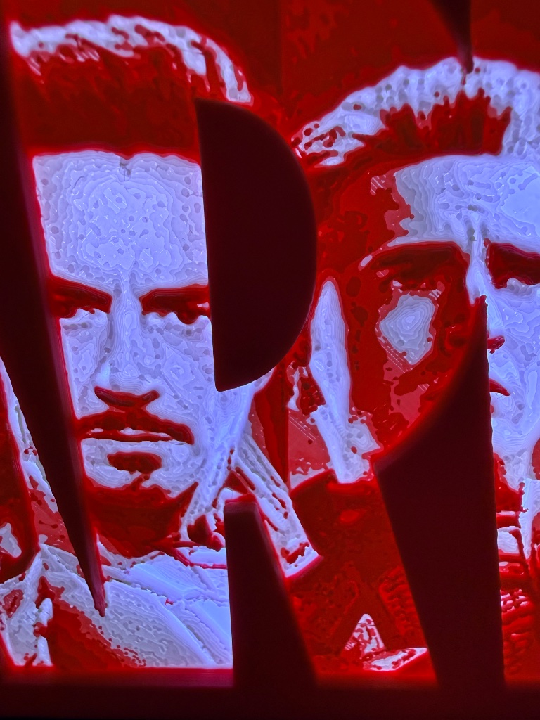 Marvel lithophane close-up — incredible detail with dual-colour printing
