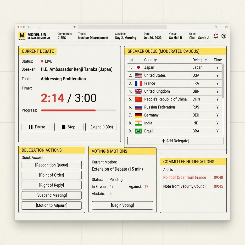 Model UN debate command dashboard with speaker queue and timer