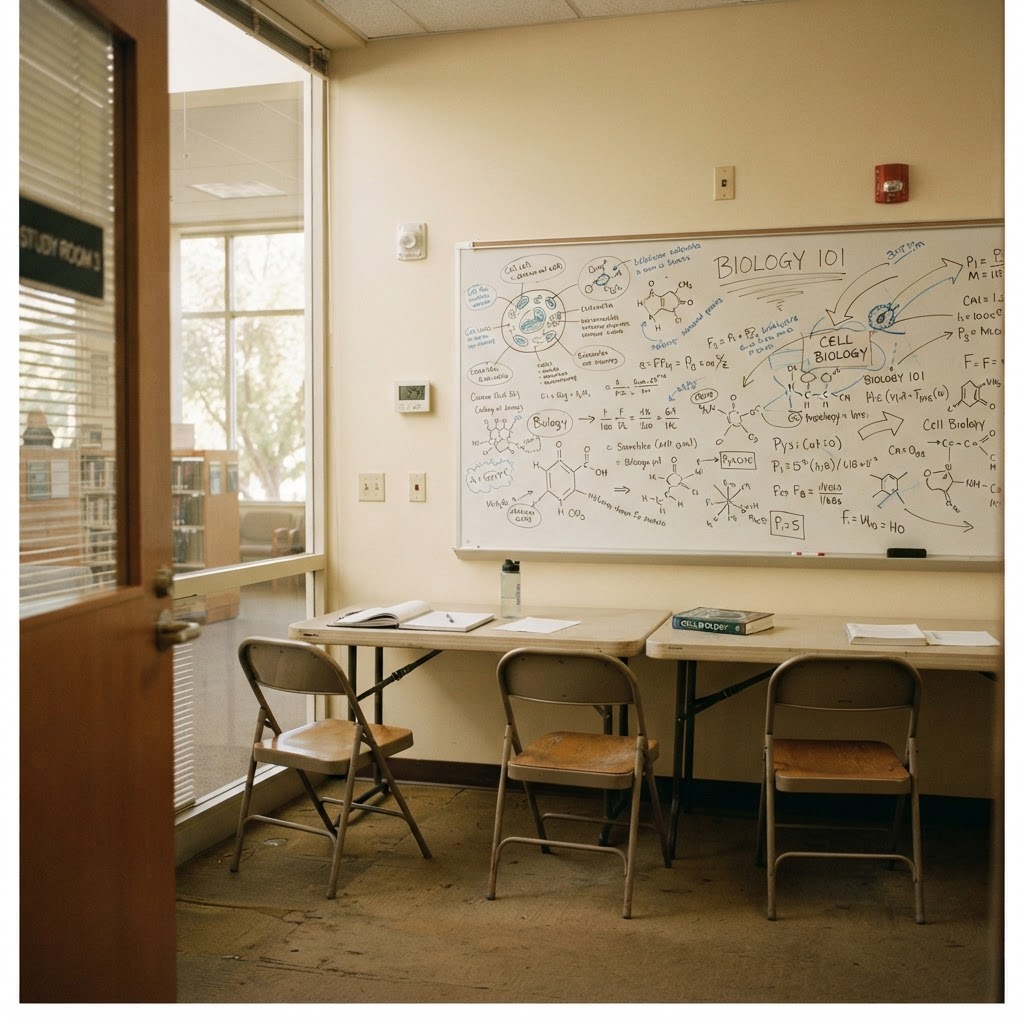 Library study room with a whiteboard of science diagrams