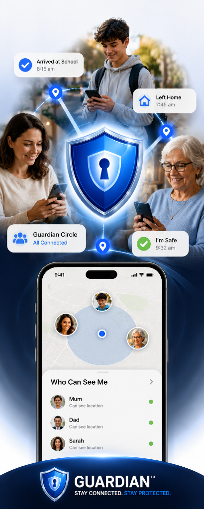 Guardian everyday family safety — Guardian Circle, I'm Safe check-in, Places and Who Can See Me