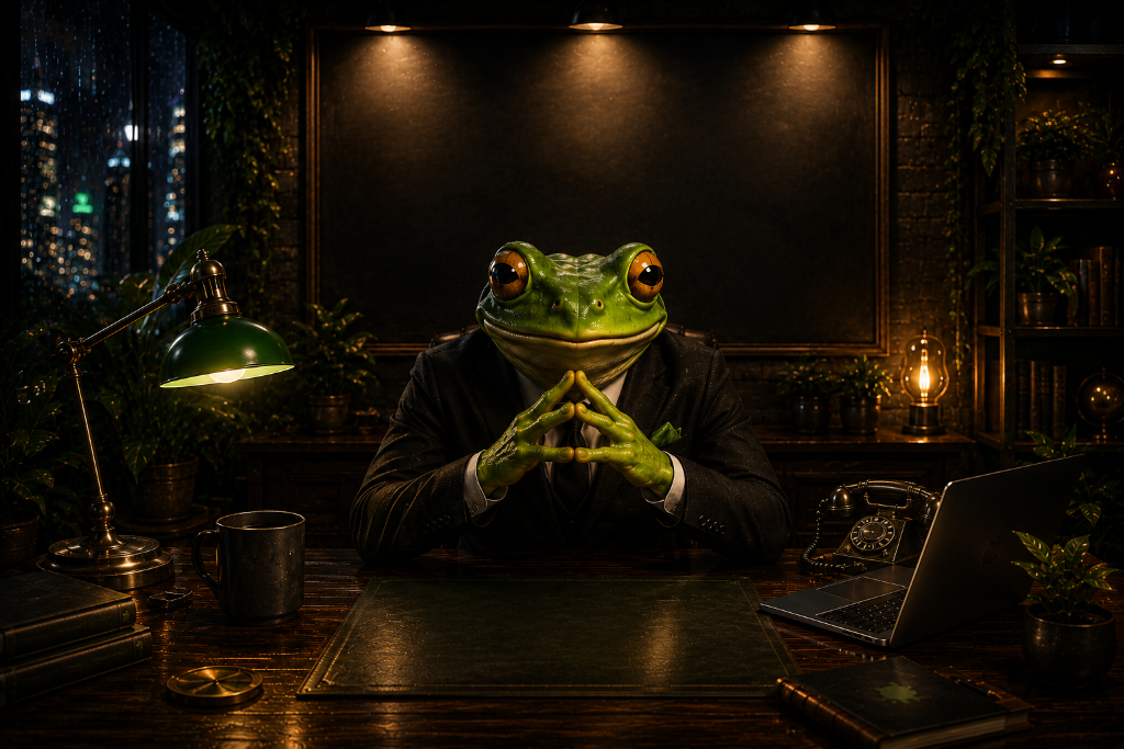 Frog Force executive frog in a sophisticated office