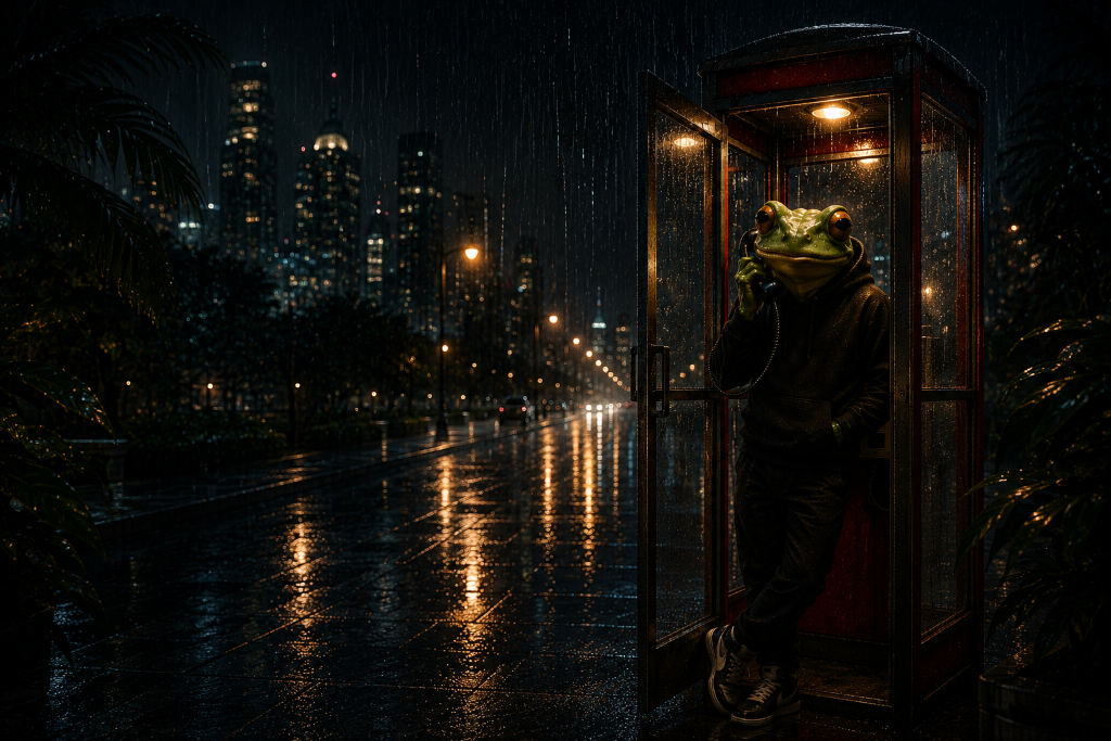 Frog Force contact, frog in a rainy phone booth