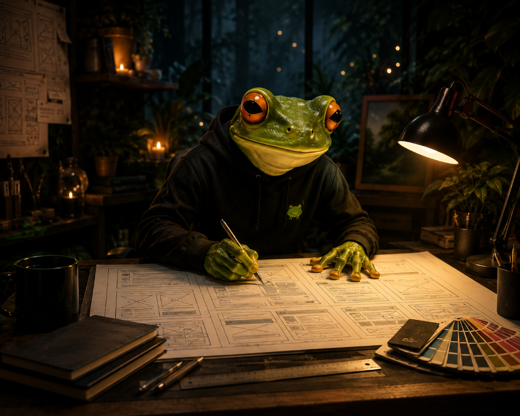 Frog Force creative director designing in a jungle-inspired studio