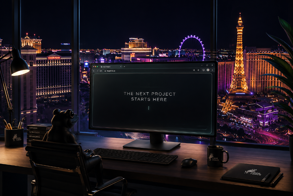 Frog Force creative studio overlooking the Las Vegas skyline