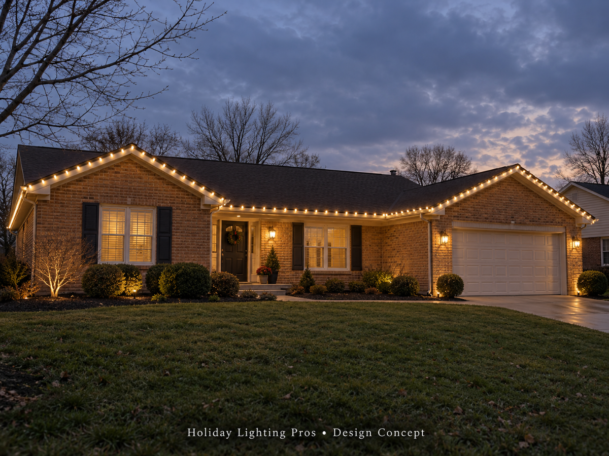 Warm white Christmas lights on a Cincinnati ranch home