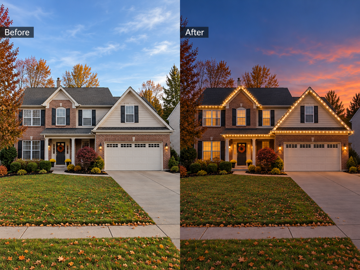 Side-by-side before and after of a Cincinnati home with professional warm white Christmas light installation