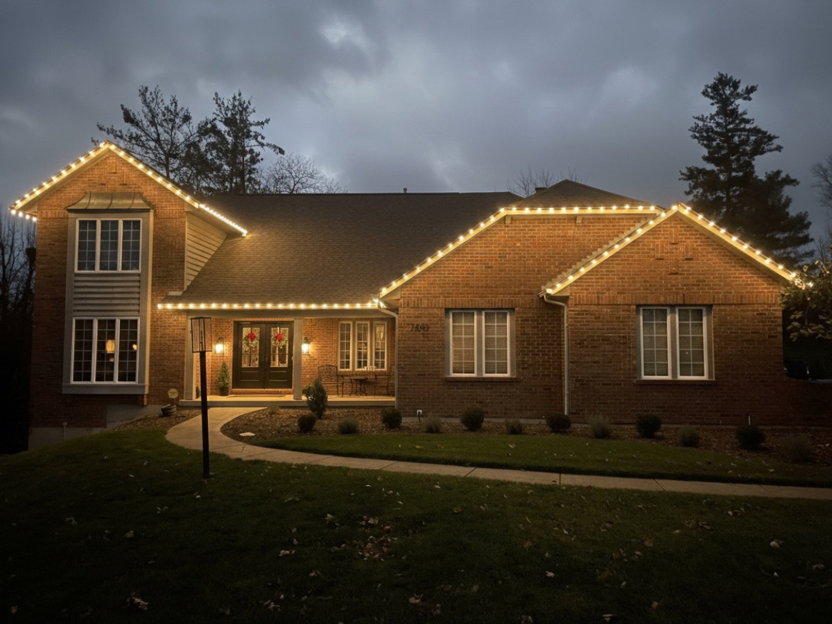 Warm white Christmas lights on a brick Cincinnati home at dusk