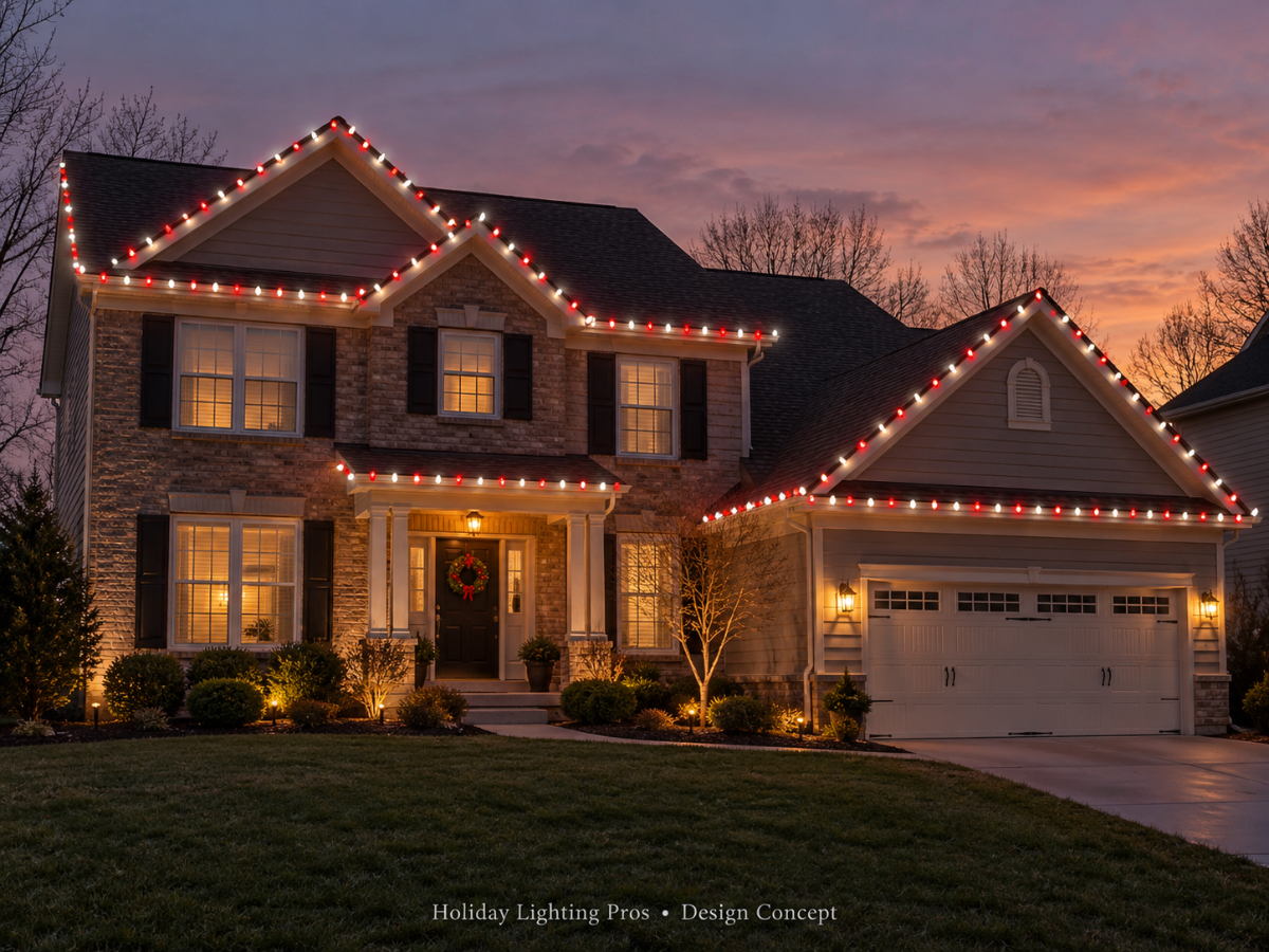 Classic red and white Christmas roofline lighting design