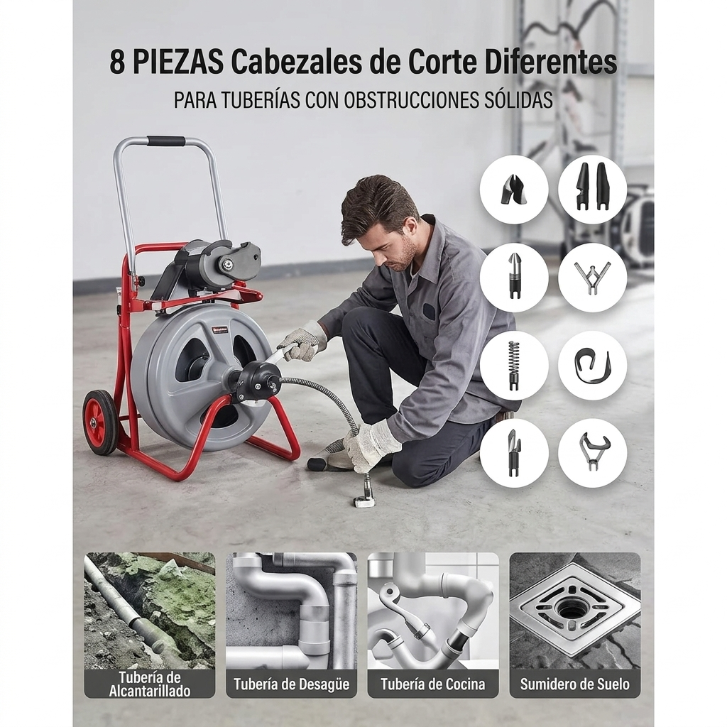 Máquina desatascos profesional VEVOR con 8 cabezales de corte para tuberías