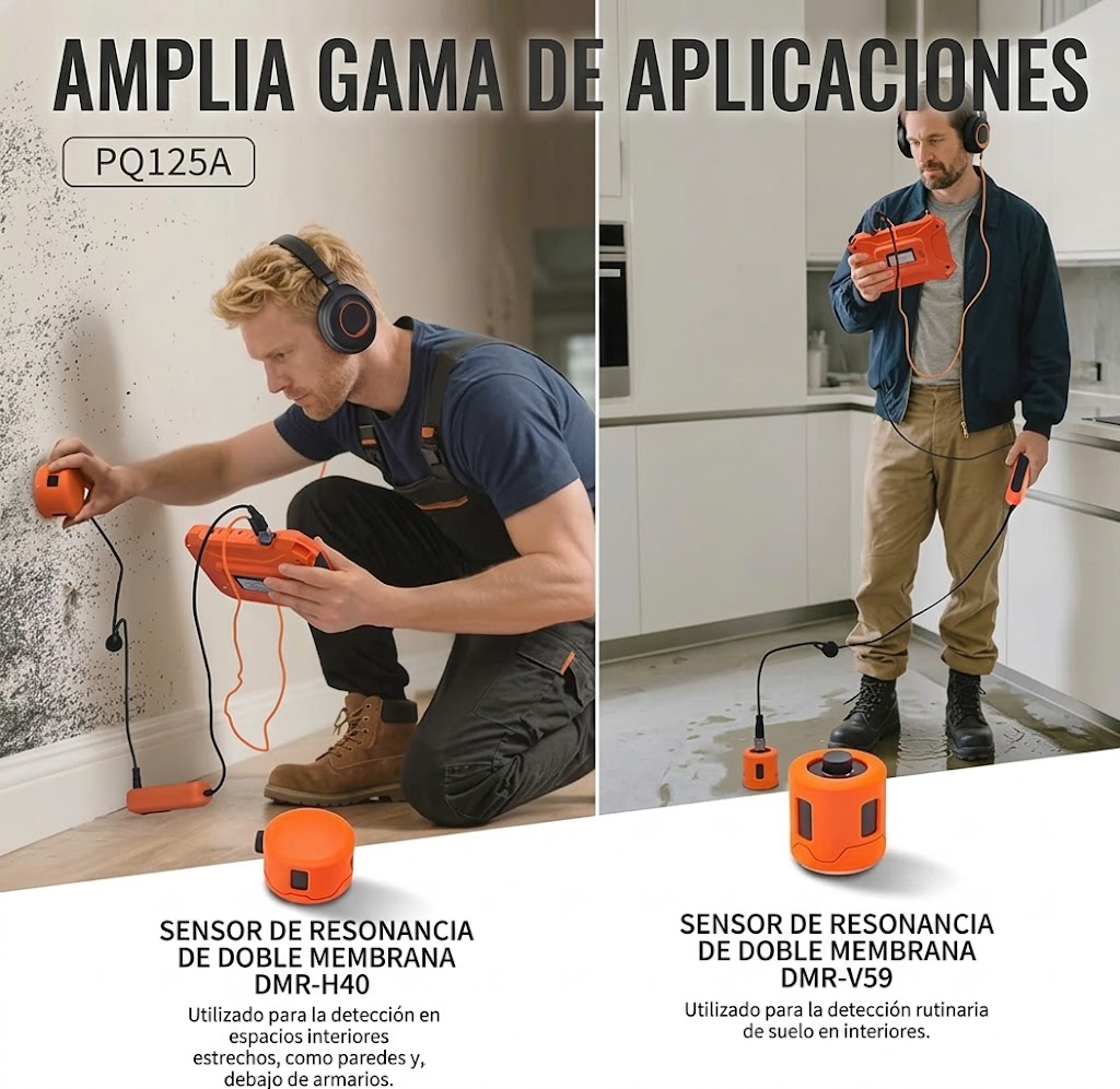 PQWT-125C leak detector with DMR-H40 and DMR-V59 sensors for interior and exterior use