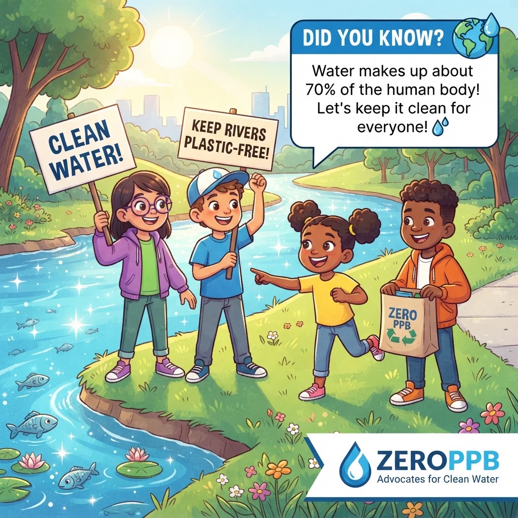 Children holding signs for clean water and plastic-free rivers