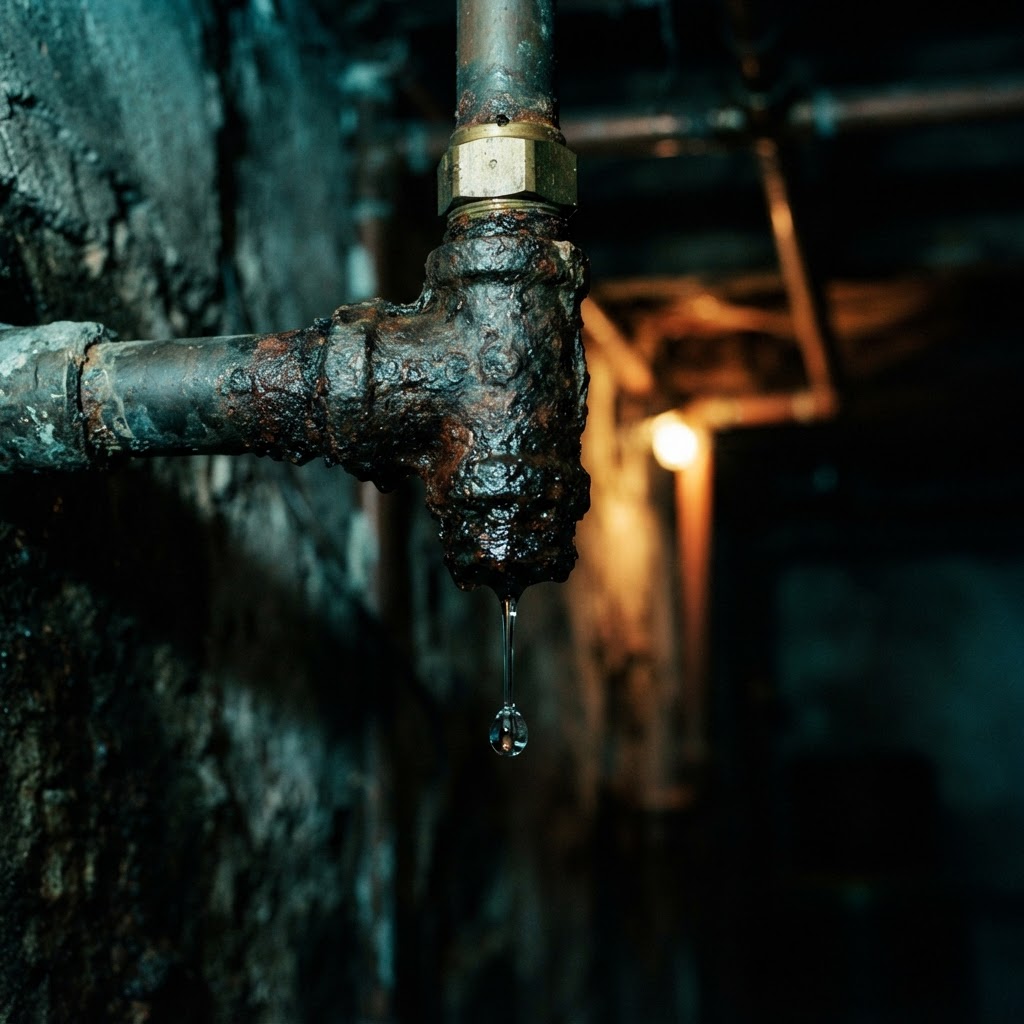 Rusty lead water pipe with water droplet