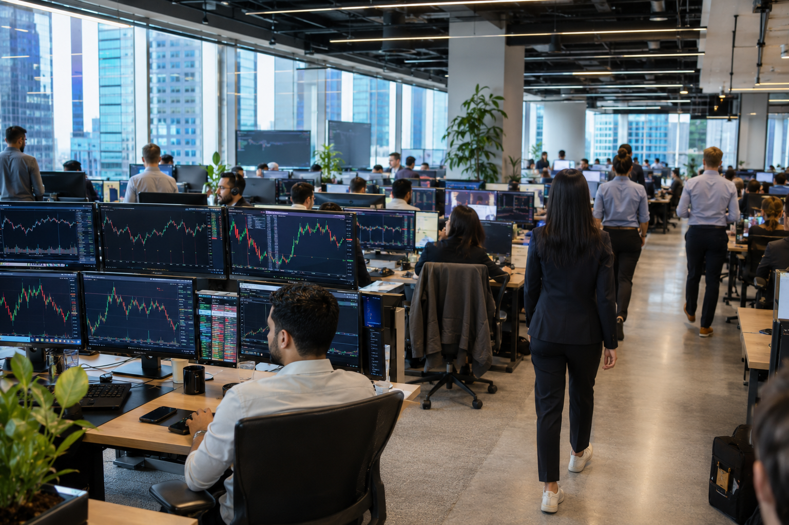 A busy modern trading floor with traders at computer workstations viewing financial market charts