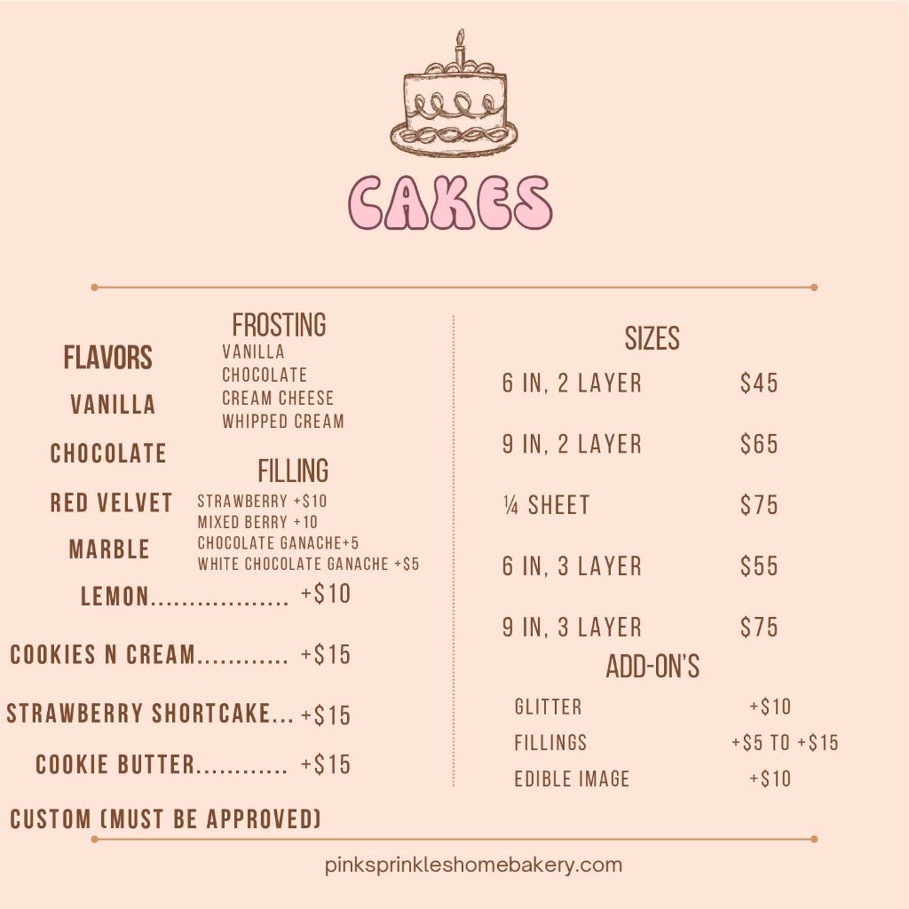 Cake menu โ flavors, fillings, frostings, sizes, and add-on pricing