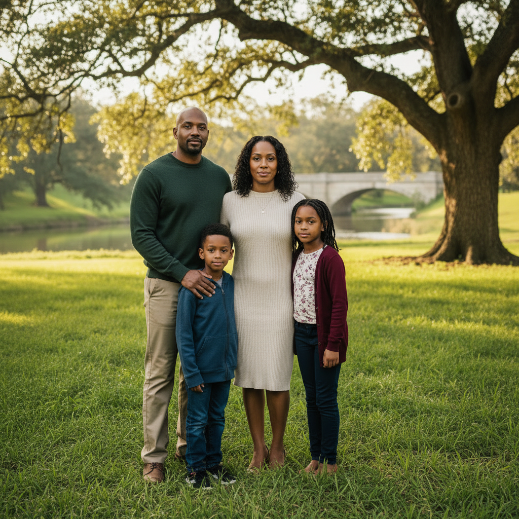 African American family standing together in a park