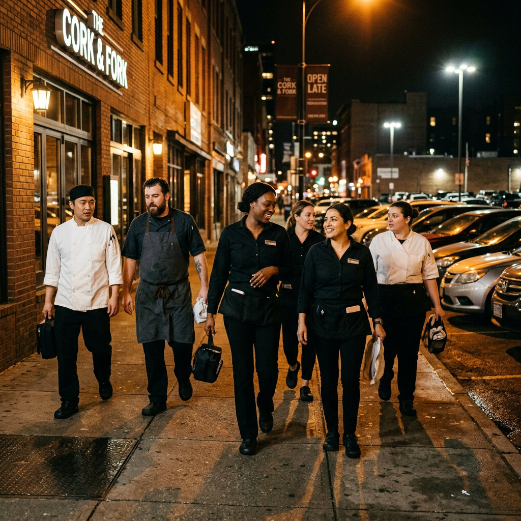 Workers leaving a late night shift