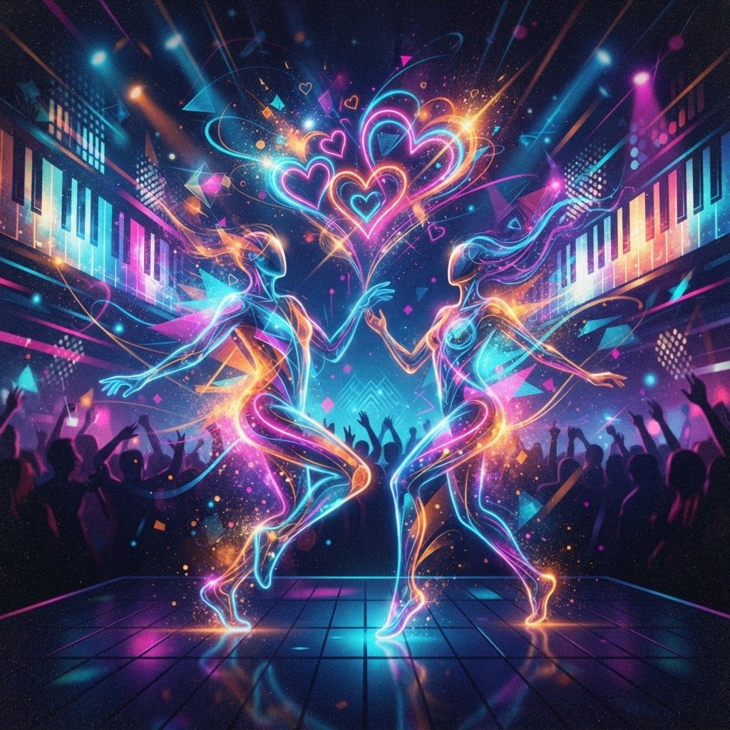 Neon Hearts Dancing In Sync