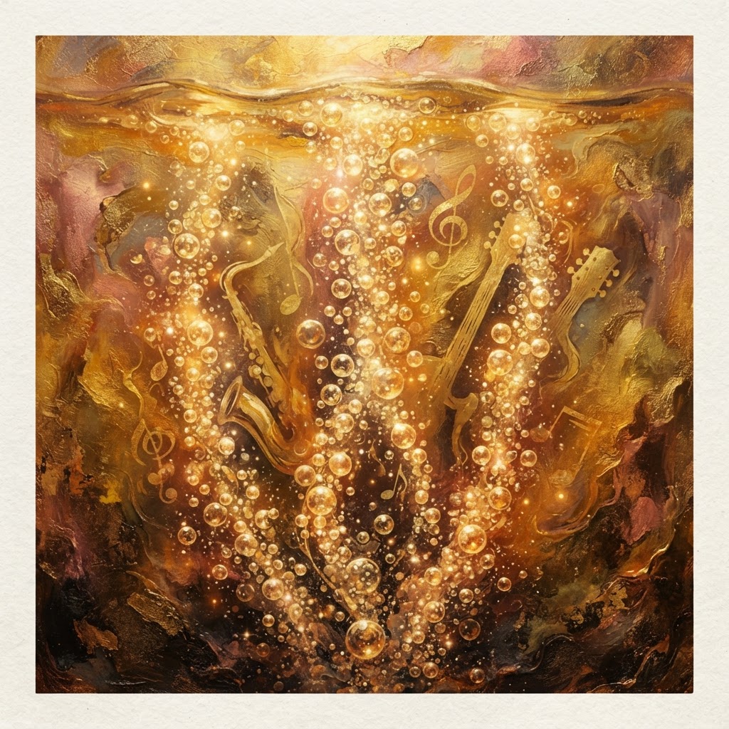 Champagne Bubbles Rising Through Gold