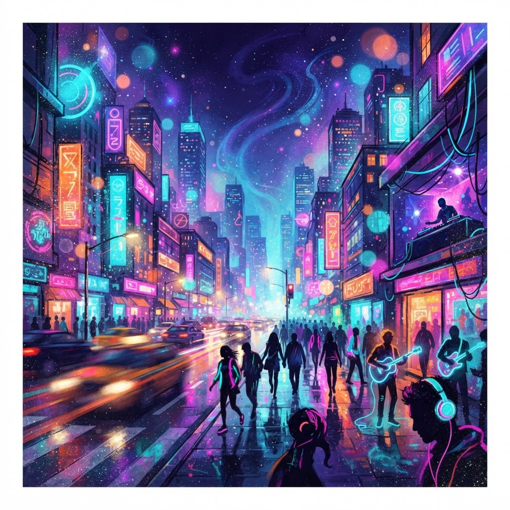 Glittering Streets Under Electric Haze