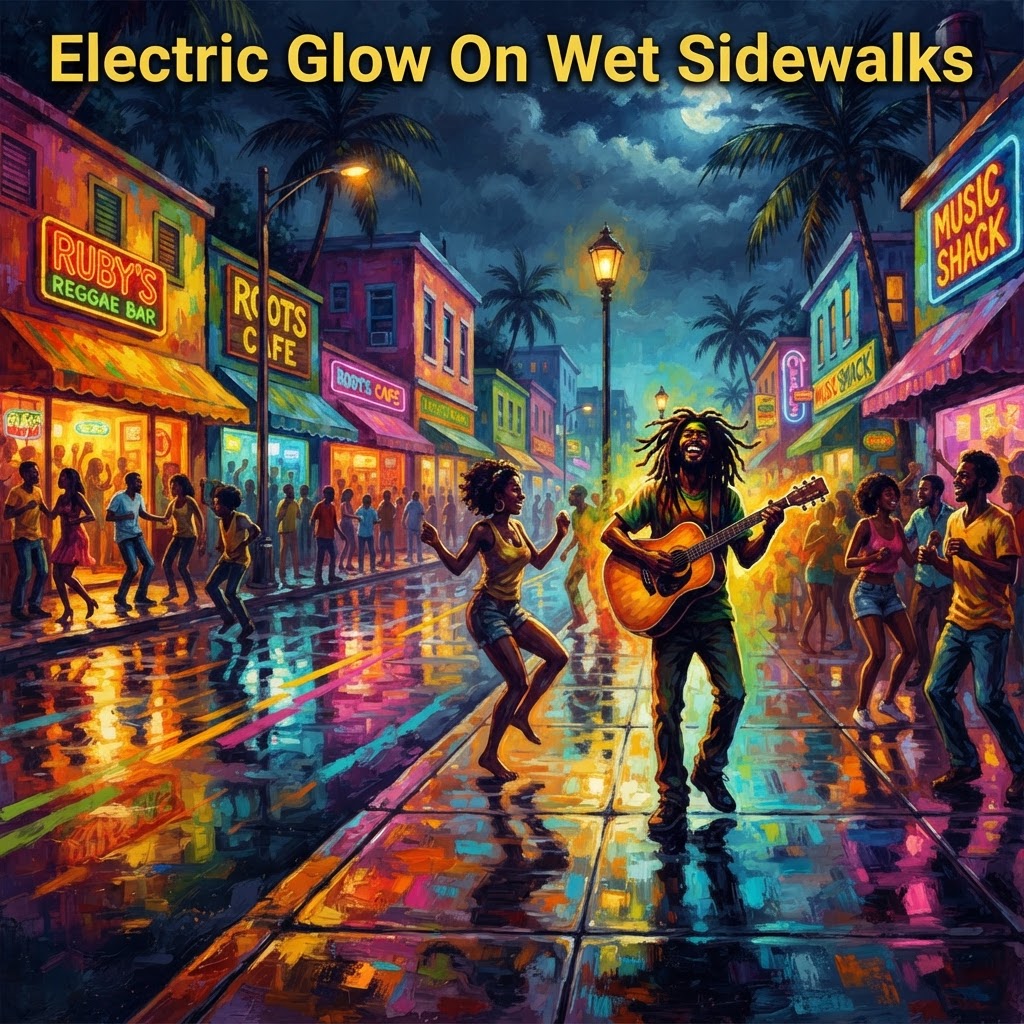 Electric Glow On Wet Sidewalks