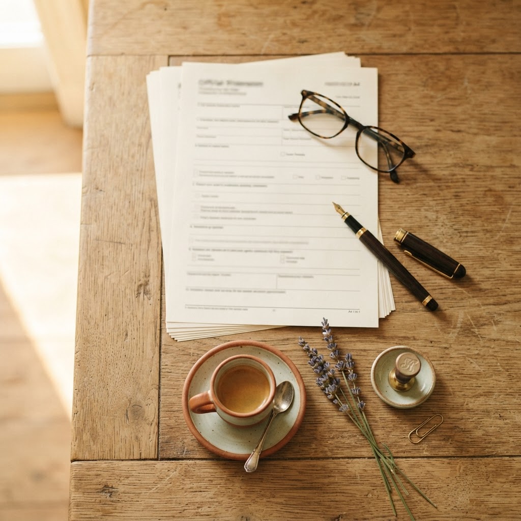 Desk with neatly stacked official forms and a fountain pen