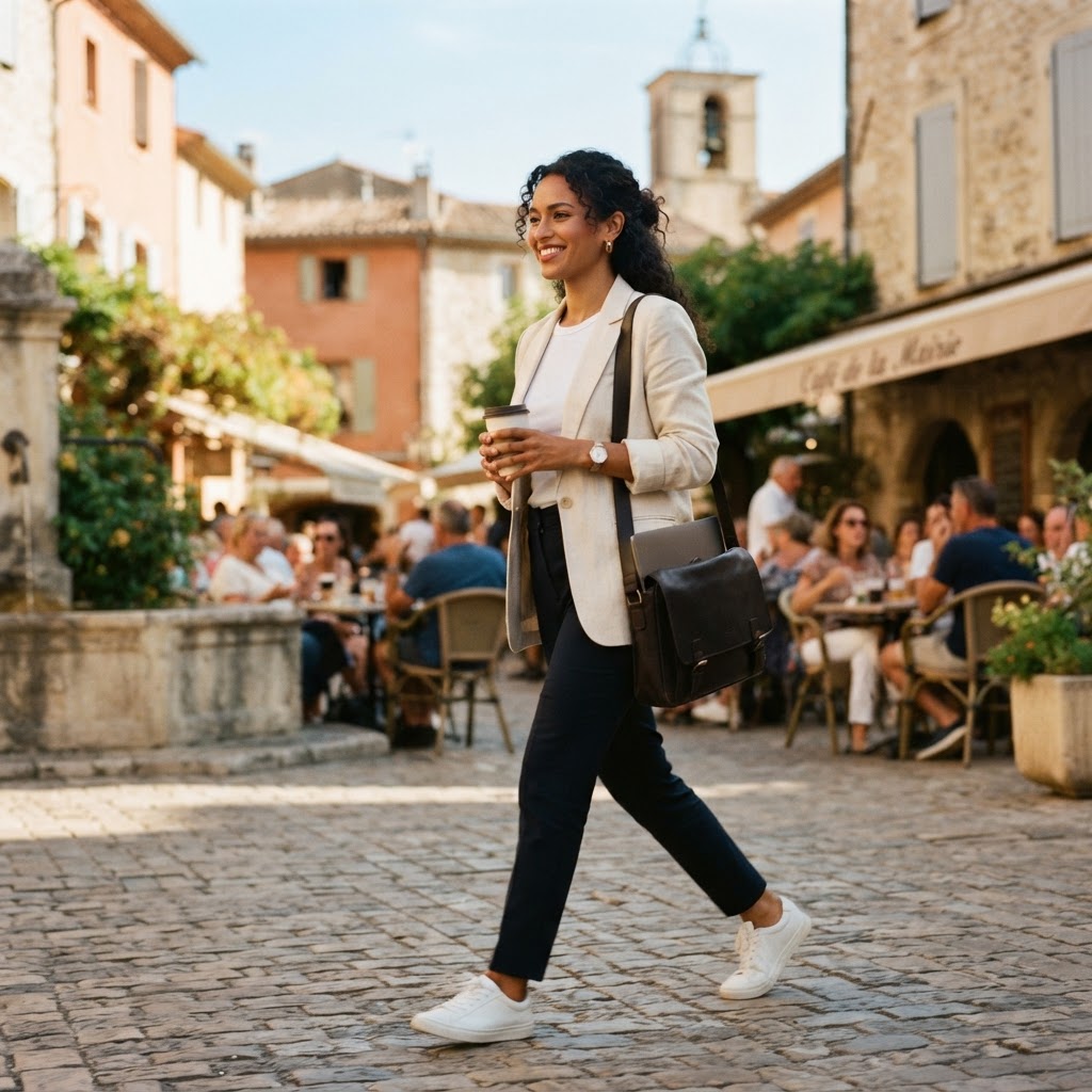 Professional walking across a sunlit French town square