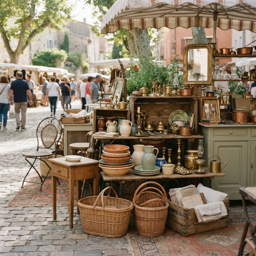 Vintage furniture and homeware at a French brocante market stall