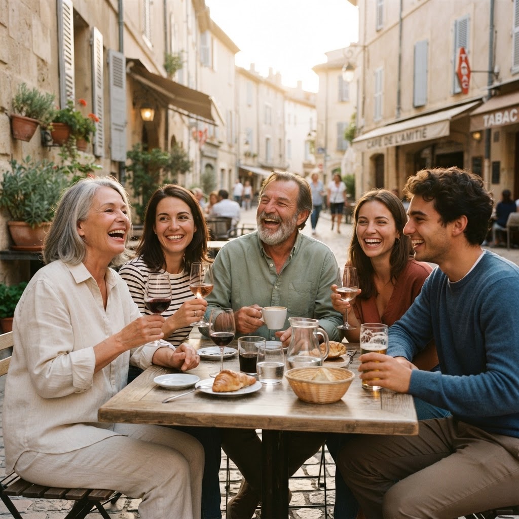Expat friends laughing together at an outdoor café table