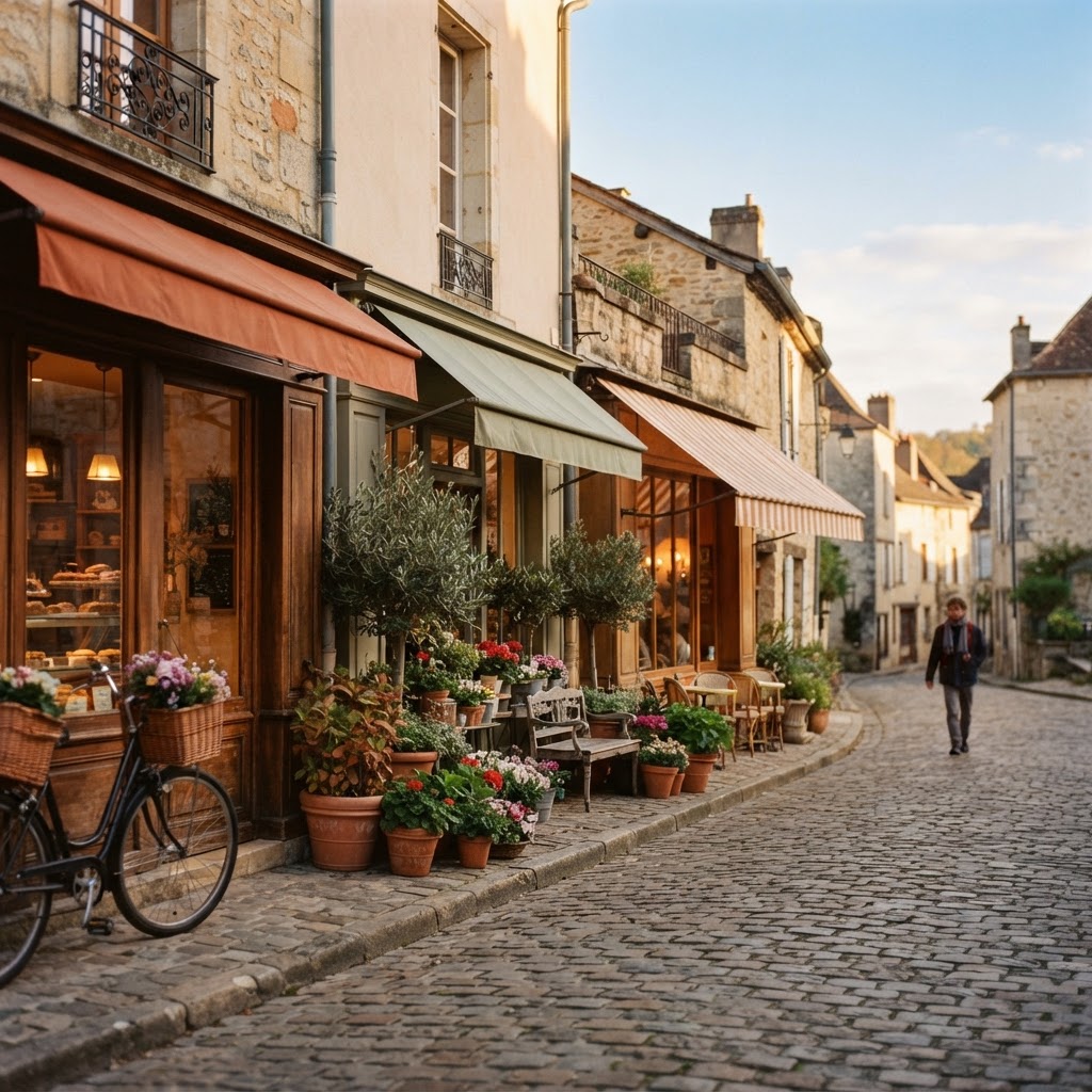 Row of independent French shopfronts on a cobbled street
