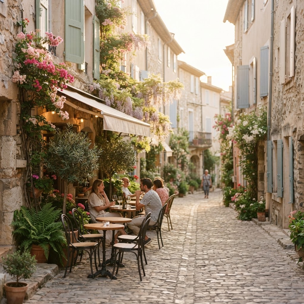 Sunlit French village street with a café terrace