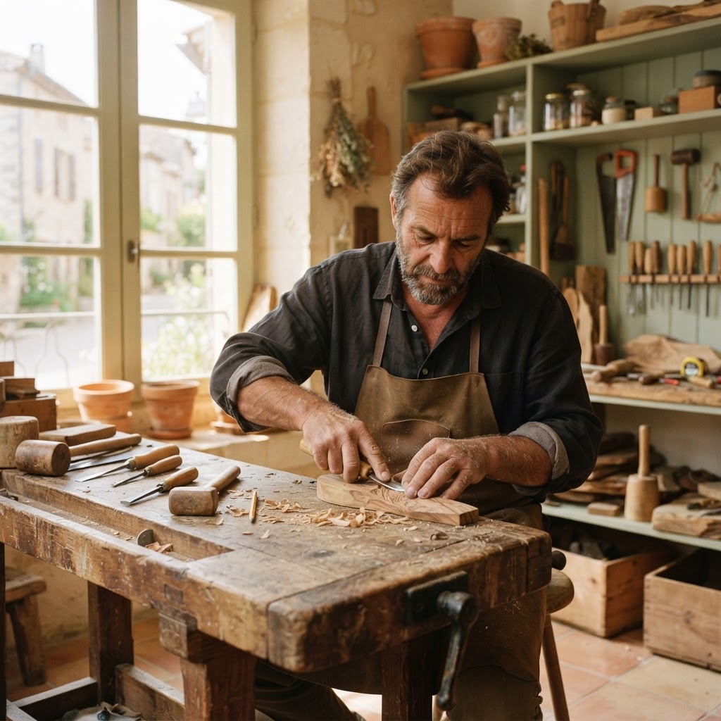 Craftsperson at work in a bright French workshop
