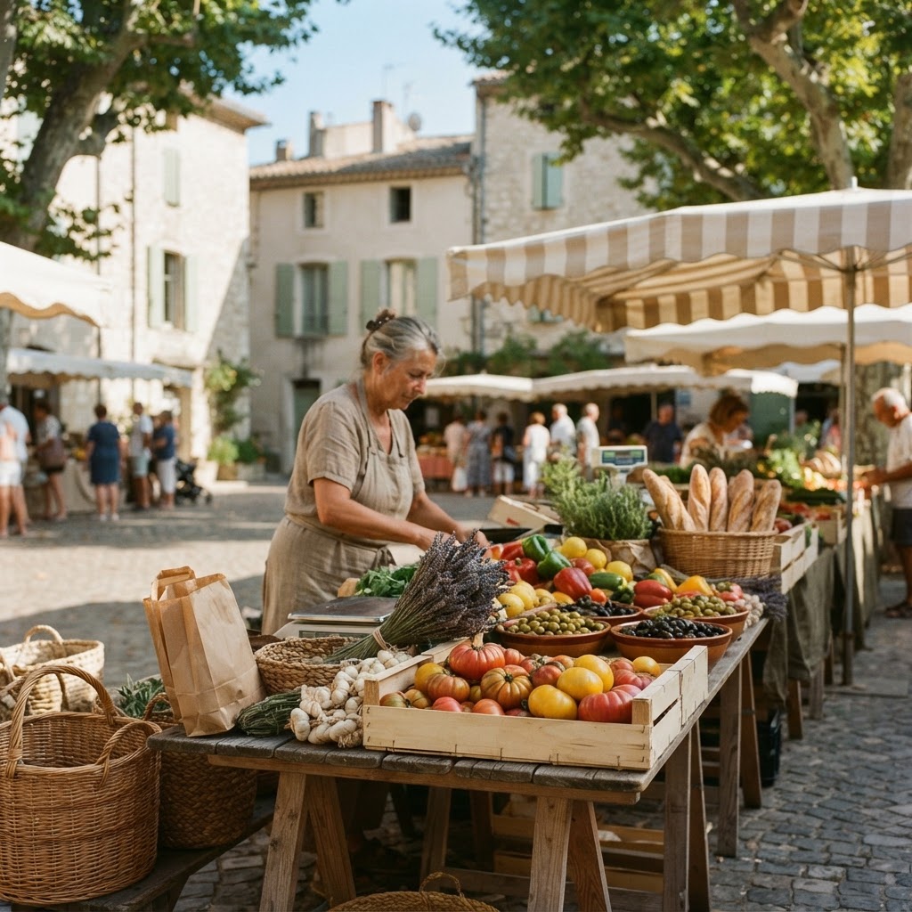 Sunlit French market stall overflowing with fresh produce