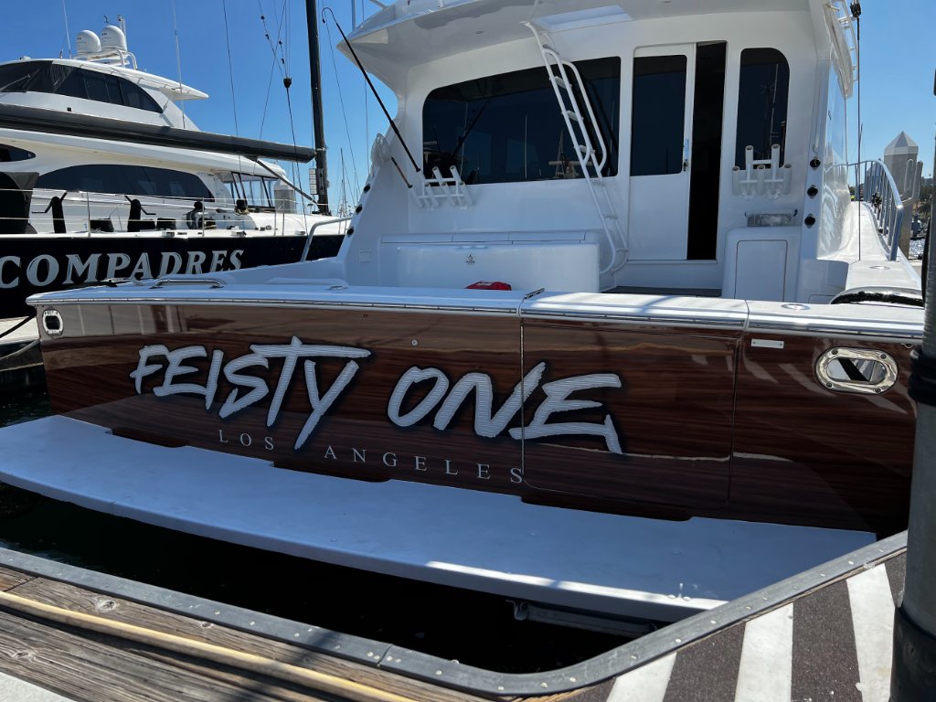 Custom Feisty One transom woodgrain graphic