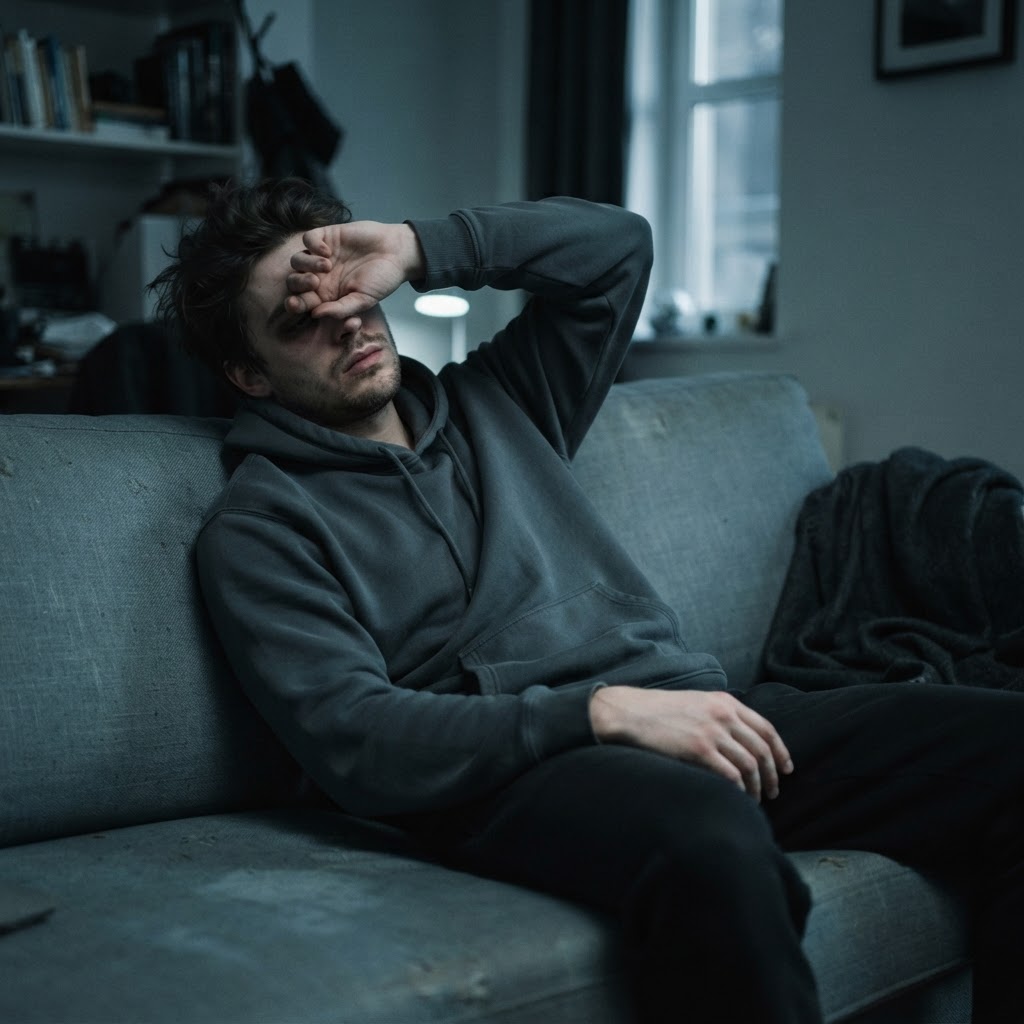 Stressed man exhausted from burnout recovery and dysregulated nervous system