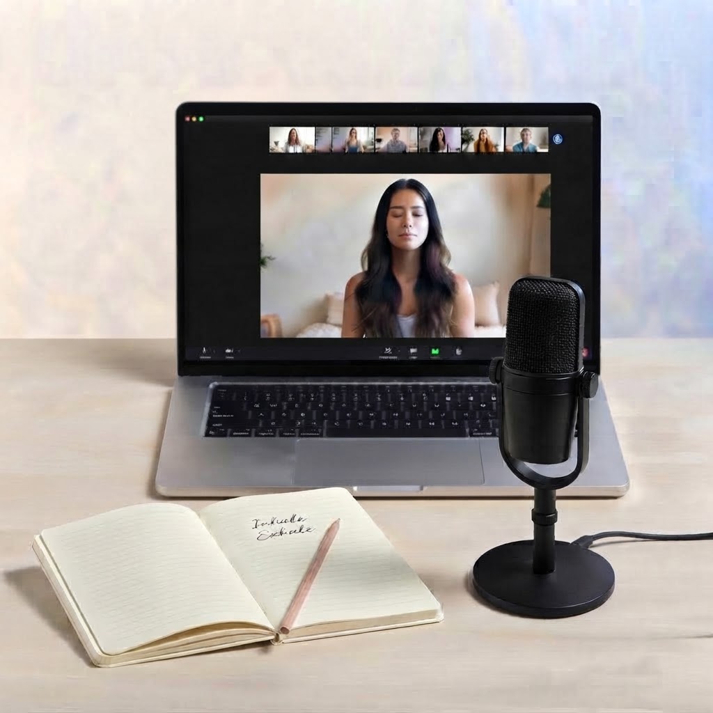 A laptop showing Lane's live meditation class on Zoom