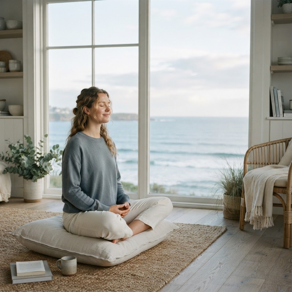 Calm woman practicing nervous system regulation and calm living meditation