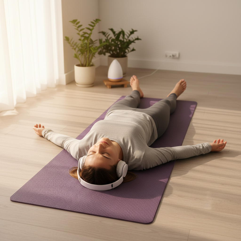 Person practicing Yoga Nidra lying on a yoga mat with headphones