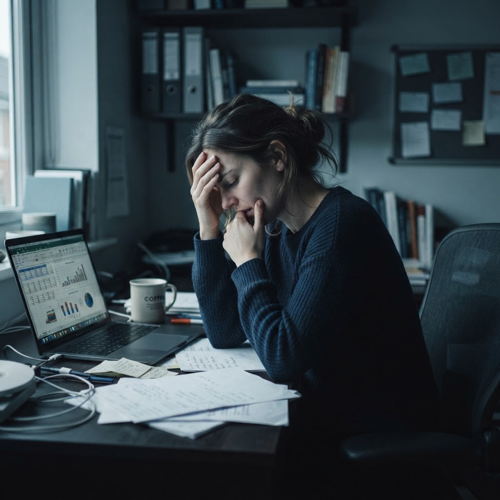 Stressed woman overwhelmed and stuck in survival mode and fight or flight response
