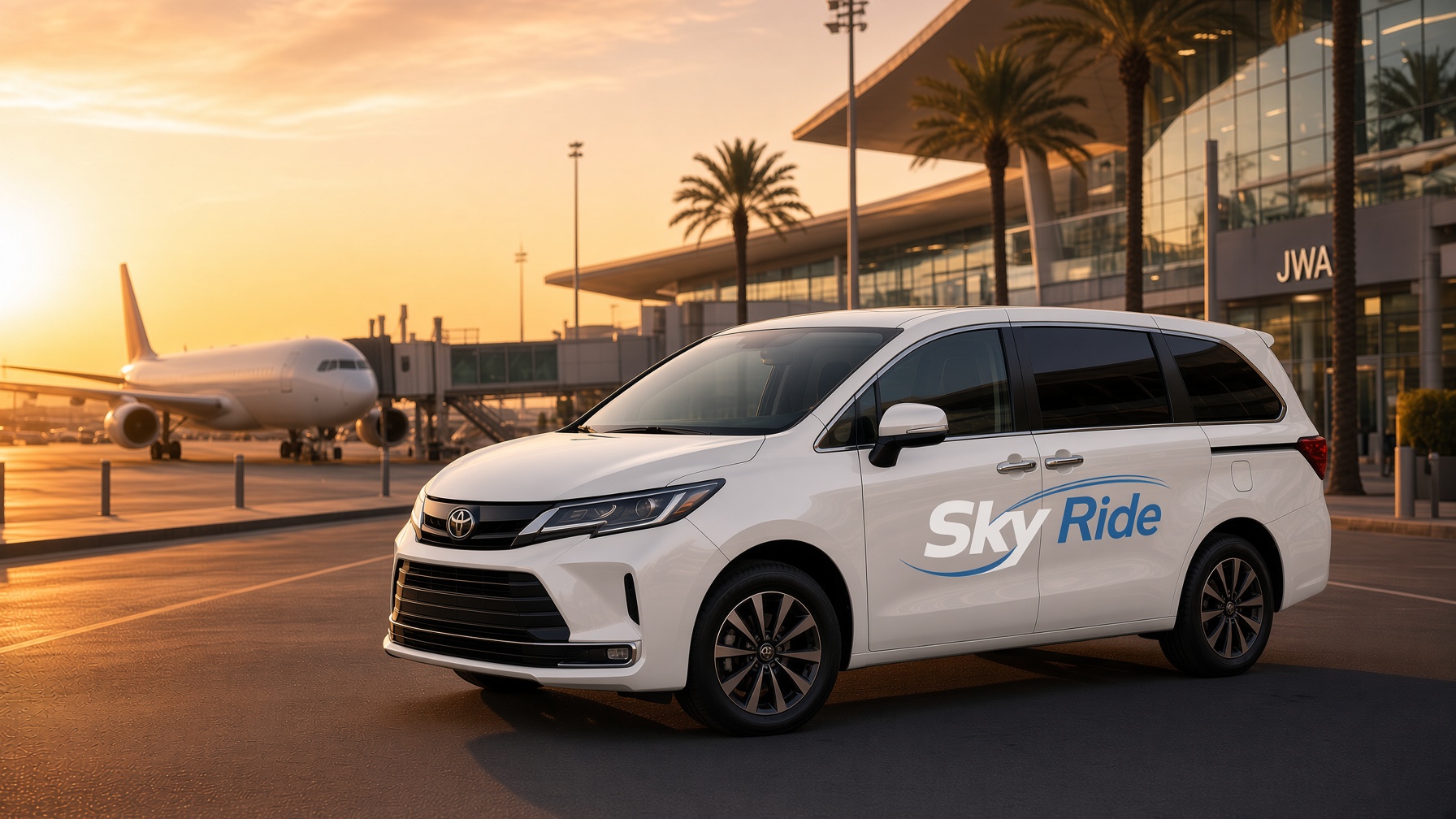 SkyRide minivan at airport at sunset