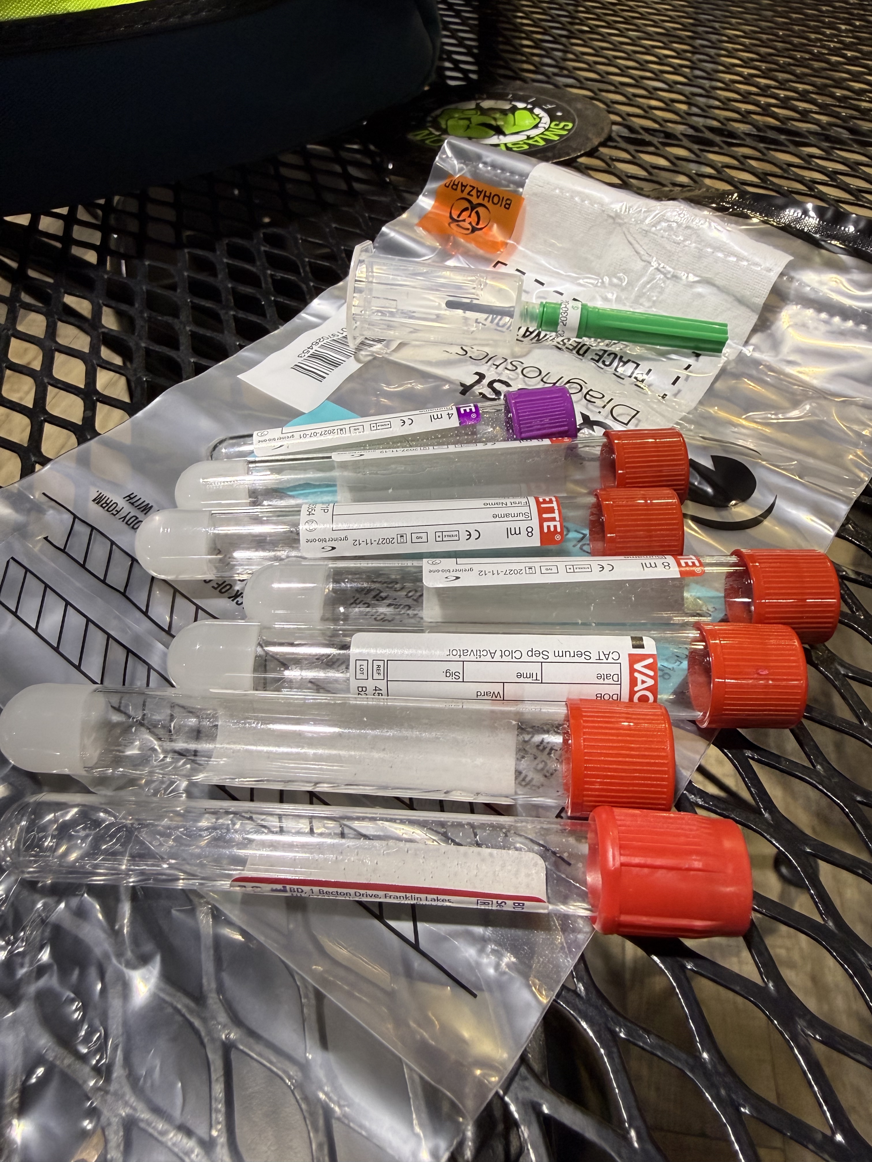 Every tube labelled and sent for a full 52-marker workup.