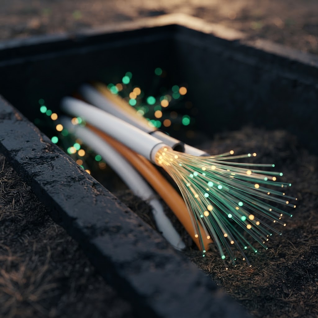 Macro render of fibre optic strands glowing inside lead-in conduit at an open NBN in-ground pit