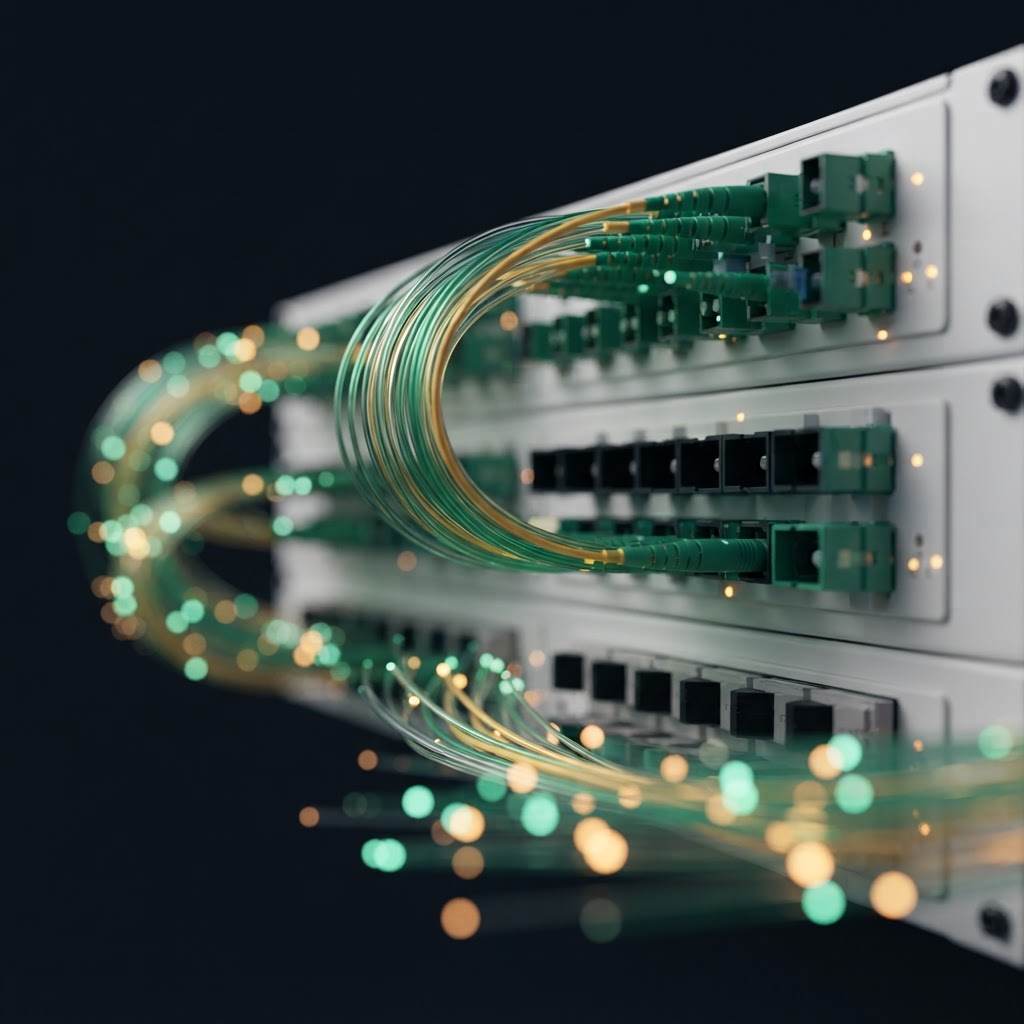 Macro render of glowing fibre patch leads arcing out of a white fibre distribution hub in a building riser