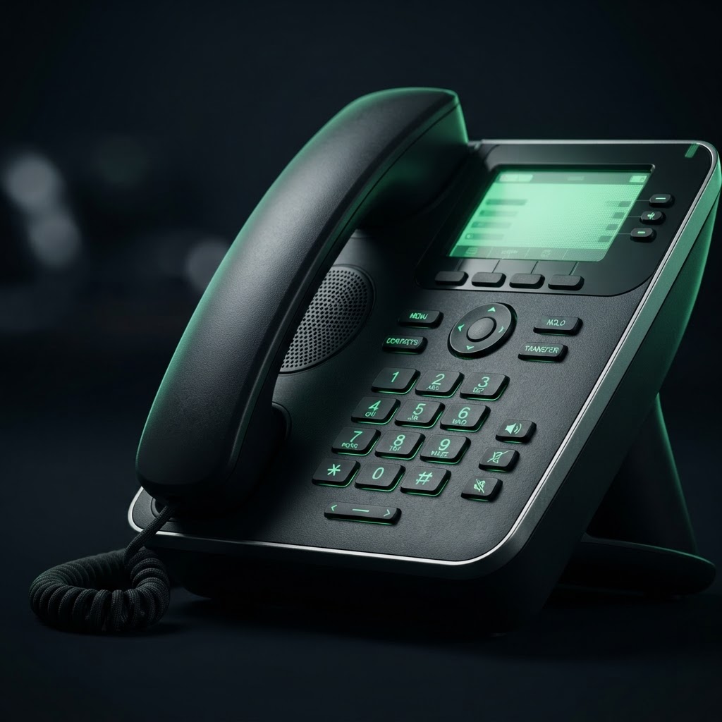 Modern business VoIP desk handset with an illuminated display