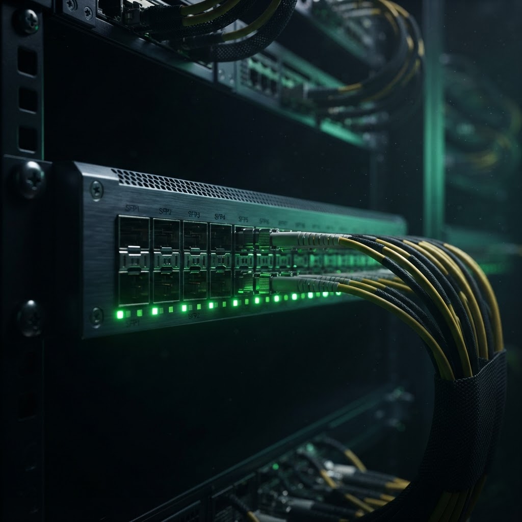 Enterprise network switch with illuminated ports and fibre trunk cabling